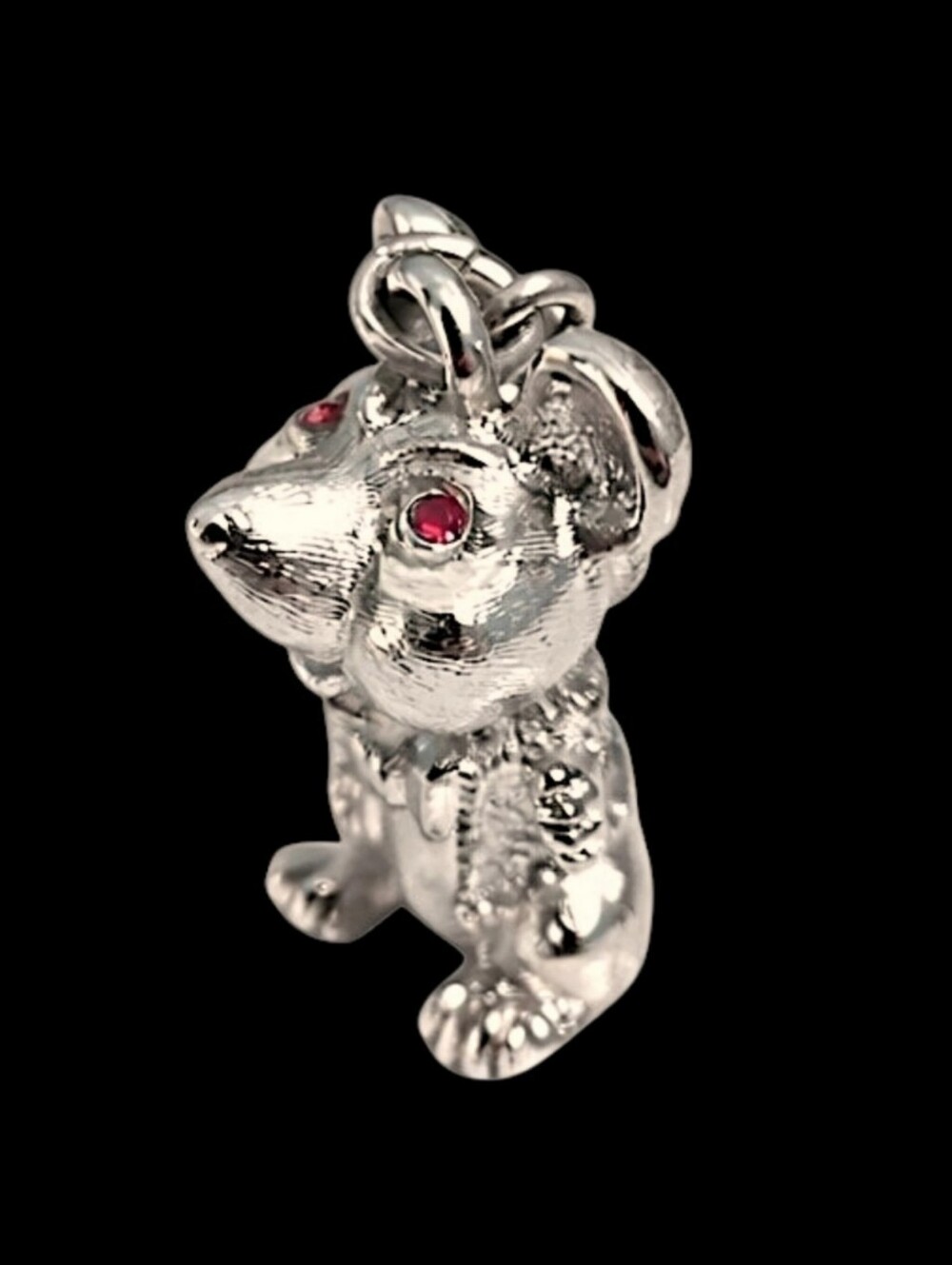 Monet Silver Tone Mouse Vintage Charm Pendant Red Rhinestone Eyes Signed Figural
